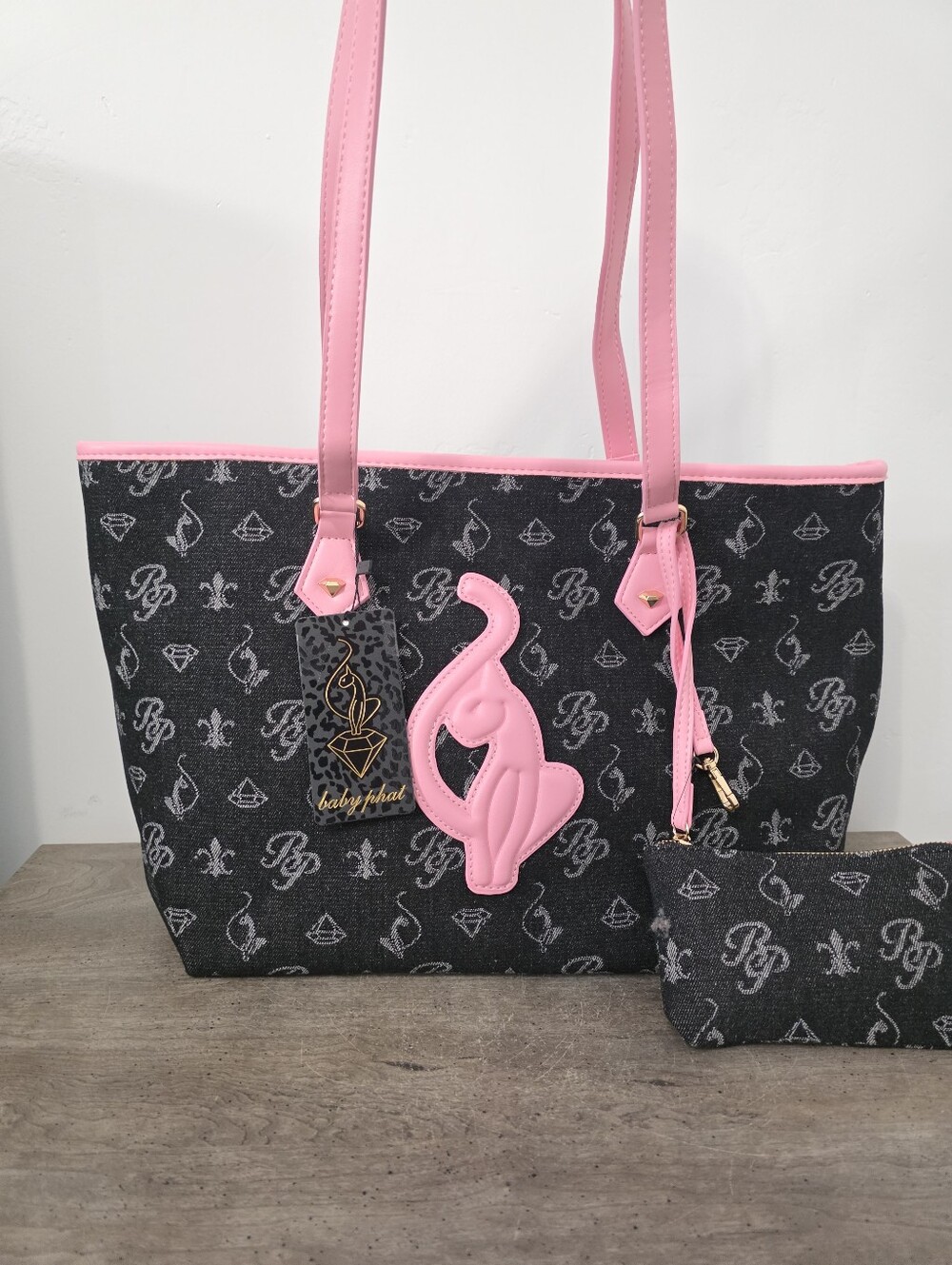 Baby Phat Black & Pink Cat Tote Bag with Matching Pouch Viral New